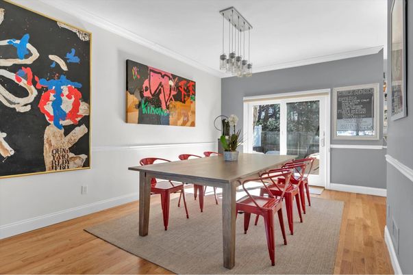 Dining room, Interior, Pendant Lights, Wood Texture Flooring