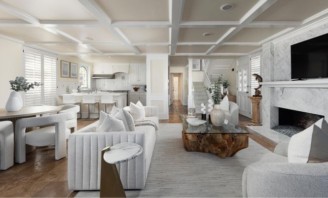 Dining room, Fireplace, Interior, Kitchen, Living room, Recessed Lighting, Wood Texture Flooring