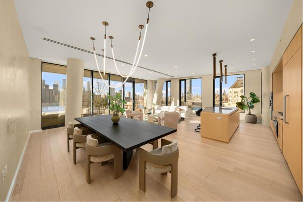 Dining room, Interior, Living room, Pendant Lights, Recessed Lighting, Wood Texture Flooring