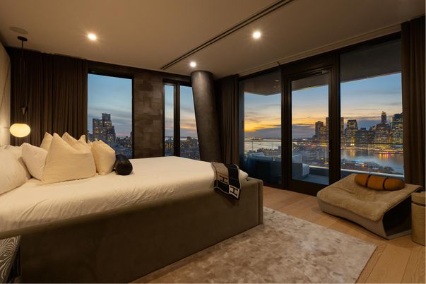 Bedroom, Interior, Pendant Lights, Recessed Lighting, Water, Wood Texture Flooring