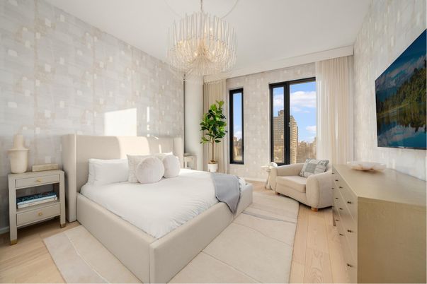 Bedroom, Chandelier, Interior, Wood Texture Flooring