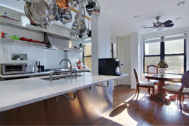 Dining room, Interior, Kitchen, Recessed Lighting, Stainless Steel Appliances, Wood Texture Flooring