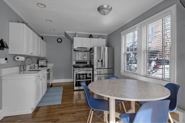 Dining room, Interior, Kitchen, Recessed Lighting, Stainless Steel Appliances, Wood Texture Flooring