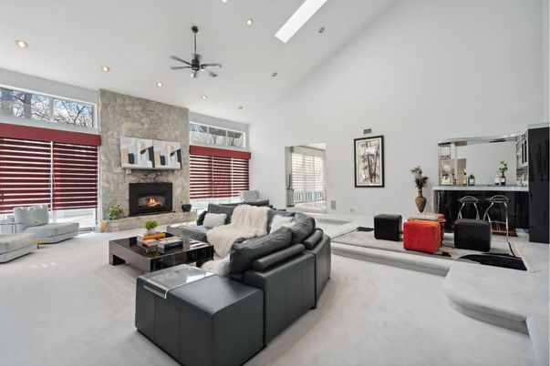 Fireplace, Interior, Living room, Recessed Lighting, Stone Walls