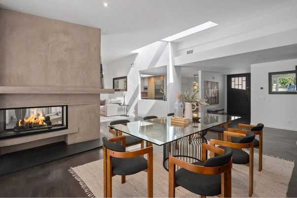 Dining room, Fireplace, Interior, Living room, Recessed Lighting, Wood Texture Flooring