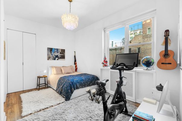 Bedroom, Chandelier, Fitness Equipment, Interior, Wood Texture Flooring