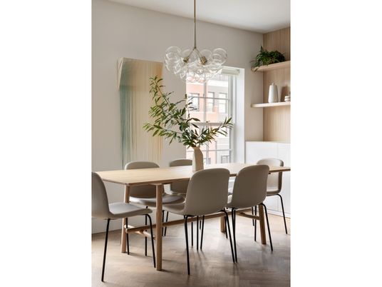 Dining room, Interior, Pendant Lights, Wood Texture Flooring