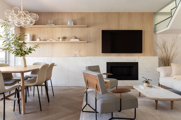 Dining room, Fireplace, Interior, Living room, Pendant Lights, Wood Texture Flooring