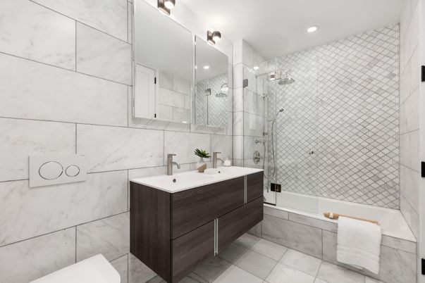 Bathroom, Glass Shower, Interior, Marble Walls, Recessed Lighting