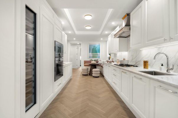 Interior, Kitchen, Marble Walls, Recessed Lighting, Stainless Steel Appliances, Wood Texture Flooring