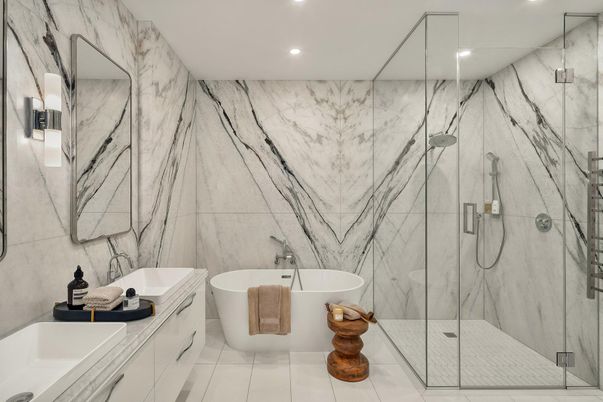 Bathroom, Free Standing Baths, Glass Shower, Interior, Marble Walls, Recessed Lighting