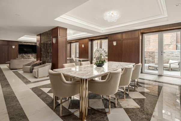 Dining room, Interior, Living room, Marble, Recessed Lighting, Wooden Walls