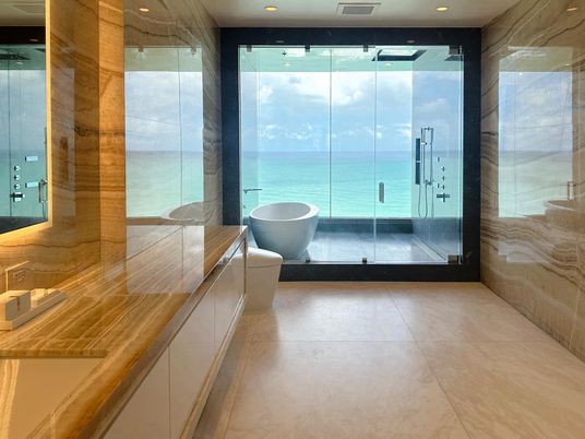 Bathroom, Free Standing Baths, Glass Shower, Interior, Recessed Lighting, Water