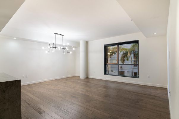 Empty room, Interior, Pendant Lights, Recessed Lighting, Wood Texture Flooring