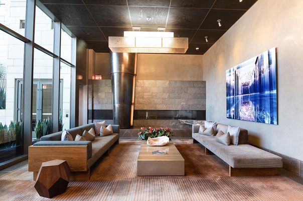 Fireplace, Interior, Living room, Recessed Lighting, Stone Walls