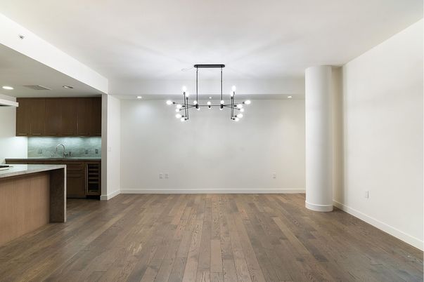 Empty room, Interior, Kitchen, Pendant Lights, Recessed Lighting, Wood Texture Flooring