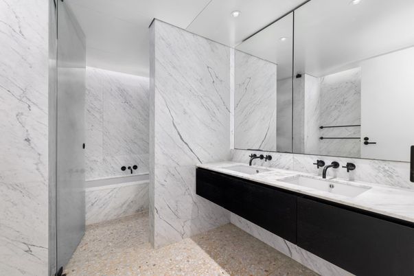Bathroom, Dual Sink Vanities, Interior, Marble Walls, Recessed Lighting