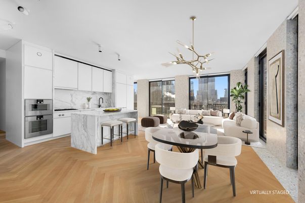 Dining room, Interior, Kitchen, Living room, Marble Walls, Pendant Lights, Stainless Steel Appliances, Wood Texture Flooring