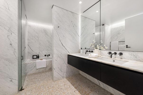 Bathroom, Dual Sink Vanities, Interior, Marble Walls, Recessed Lighting