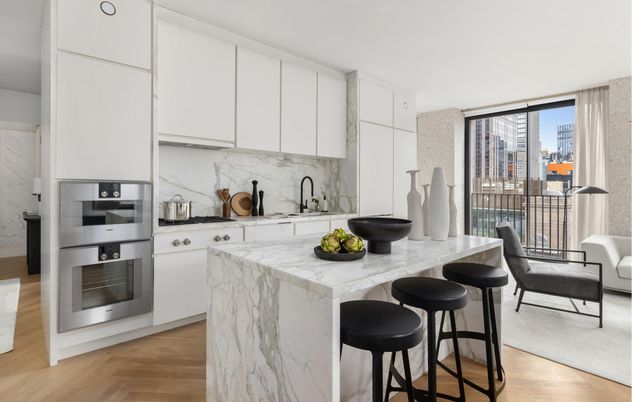 Interior, Kitchen, Marble Walls, Stainless Steel Appliances, Wood Texture Flooring