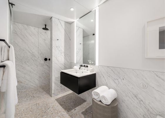 Bathroom, Interior, Marble Walls, Recessed Lighting