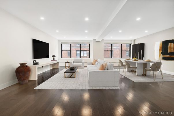 Dining room, Interior, Living room, Recessed Lighting, Wood Texture Flooring