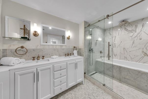 Bathroom, Dual Sink Vanities, Glass Shower, Interior, Marble Walls, Recessed Lighting