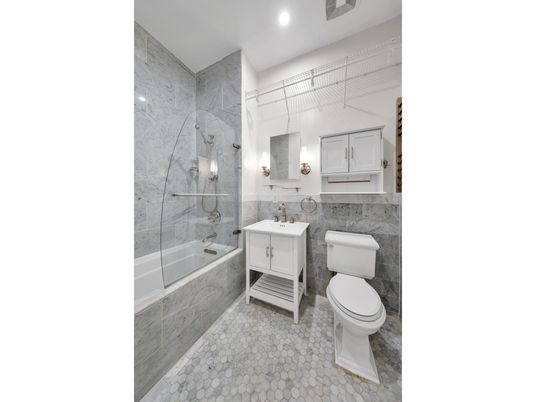 Bathroom, Glass Shower, Interior, Marble Walls, Pendant Lights, Recessed Lighting