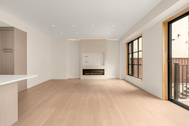 Empty room, Fireplace, Interior, Recessed Lighting, Wood Texture Flooring