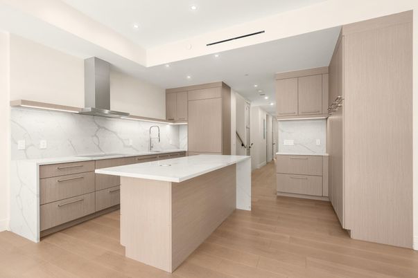 Interior, Kitchen, Marble Walls, Recessed Lighting, Wood Texture Flooring