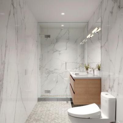 Bathroom, Glass Shower, Interior, Marble Walls, Recessed Lighting