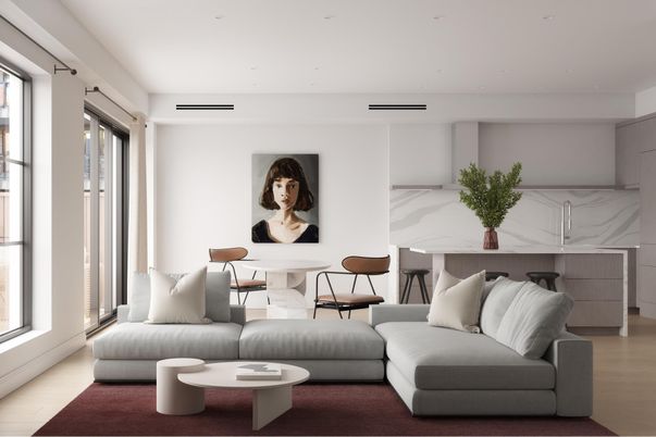 Dining room, Interior, Living room, Marble Walls, Recessed Lighting, Wood Texture Flooring