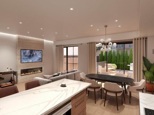 Dining room, Fireplace, Interior, Living room, Pendant Lights, Recessed Lighting, Wood Texture Flooring