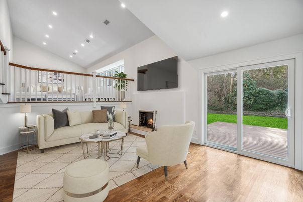 Fireplace, Interior, Living room, Recessed Lighting, Wood Texture Flooring