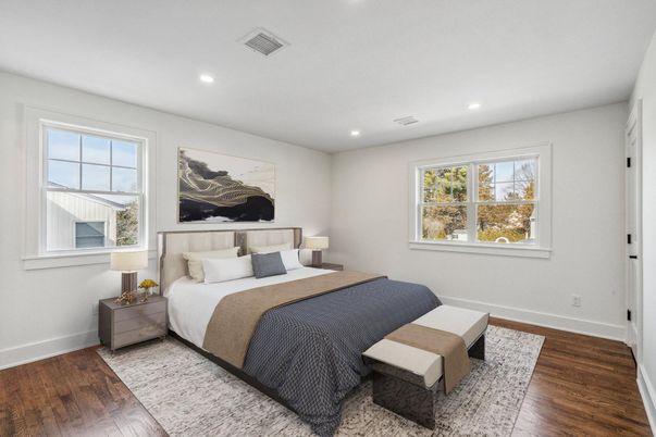 Bedroom, Interior, Recessed Lighting, Wood Texture Flooring