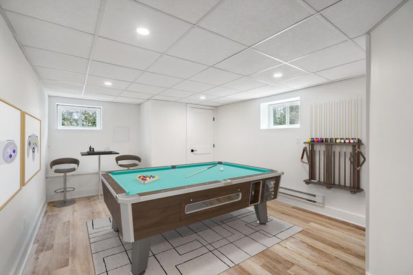 Billiard Table, Game Room, Interior, Recessed Lighting, Wood Texture Flooring