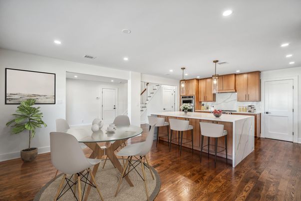 Dining room, Interior, Kitchen, Pendant Lights, Recessed Lighting, Stainless Steel Appliances, Wood Texture Flooring
