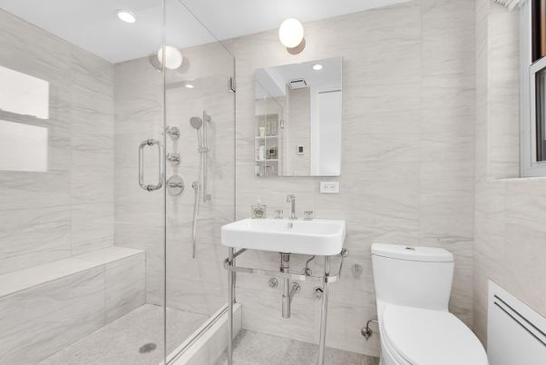 Bathroom, Glass Shower, Interior, Marble Walls, Recessed Lighting