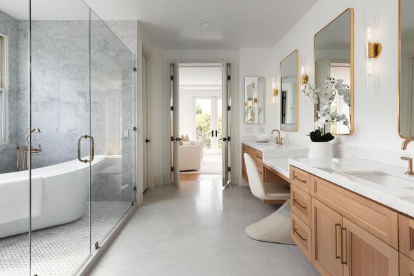 Bathroom, Dual Sink Vanities, Free Standing Baths, Glass Shower, Interior, Recessed Lighting