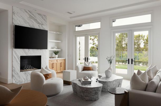 Fireplace, Interior, Living room, Marble Walls, Recessed Lighting, Wood Texture Flooring