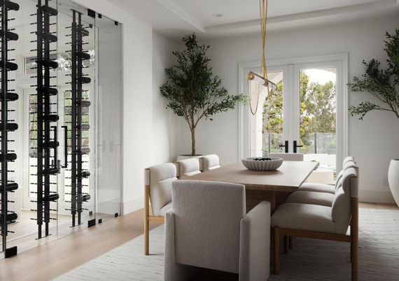 Dining room, Interior, Pendant Lights, Wine Storage, Wood Texture Flooring