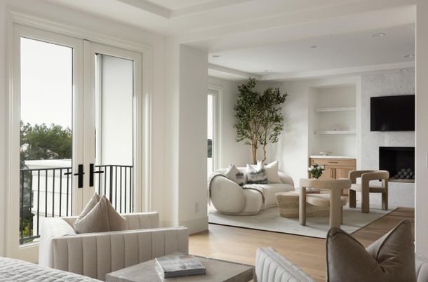 Fireplace, Interior, Living room, Recessed Lighting, Wood Texture Flooring