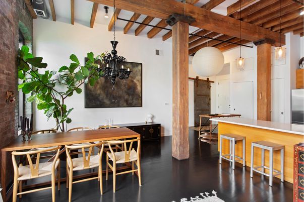 Dining room, Interior, Pendant Lights, Wooden Beams, Wood Texture Flooring