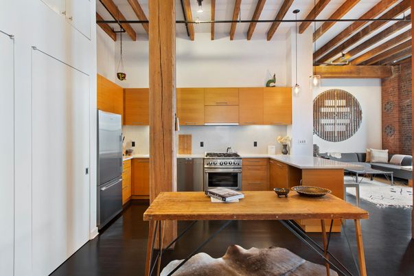 Dining room, Interior, Kitchen, Stainless Steel Appliances, Wooden Beams, Wood Texture Flooring