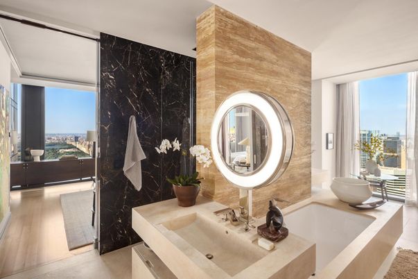 Bathroom, Interior, Marble Walls, Wood Texture Flooring