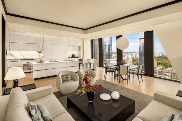 Dining room, Interior, Kitchen, Living room, Marble Walls, Pendant Lights, Recessed Lighting, Wood Texture Flooring