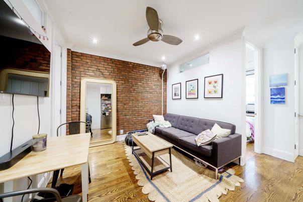Interior, Living room, Recessed Lighting, Stone Walls, Wood Texture Flooring