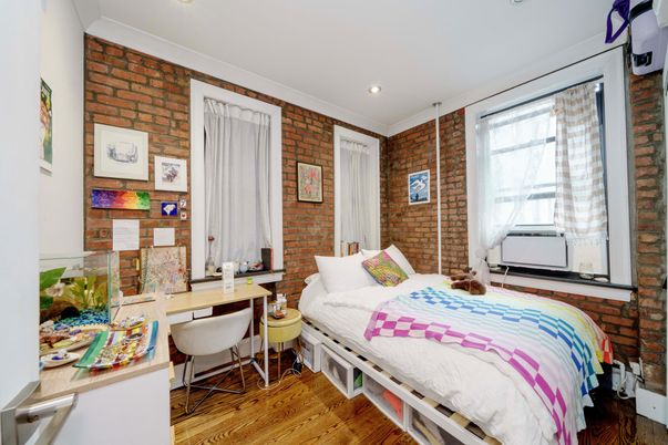 Bedroom, Home Office, Interior, Recessed Lighting, Stone Walls, Wood Texture Flooring