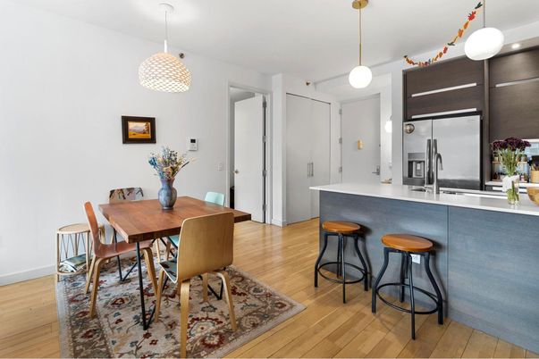 Dining room, Interior, Kitchen, Pendant Lights, Stainless Steel Appliances, Wood Texture Flooring