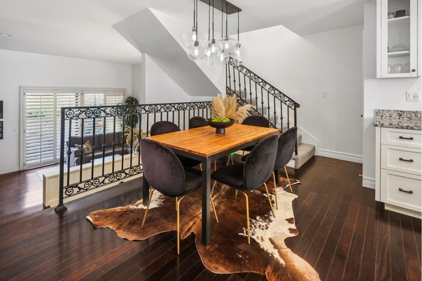 Dining room, Interior, Pendant Lights, Wood Texture Flooring